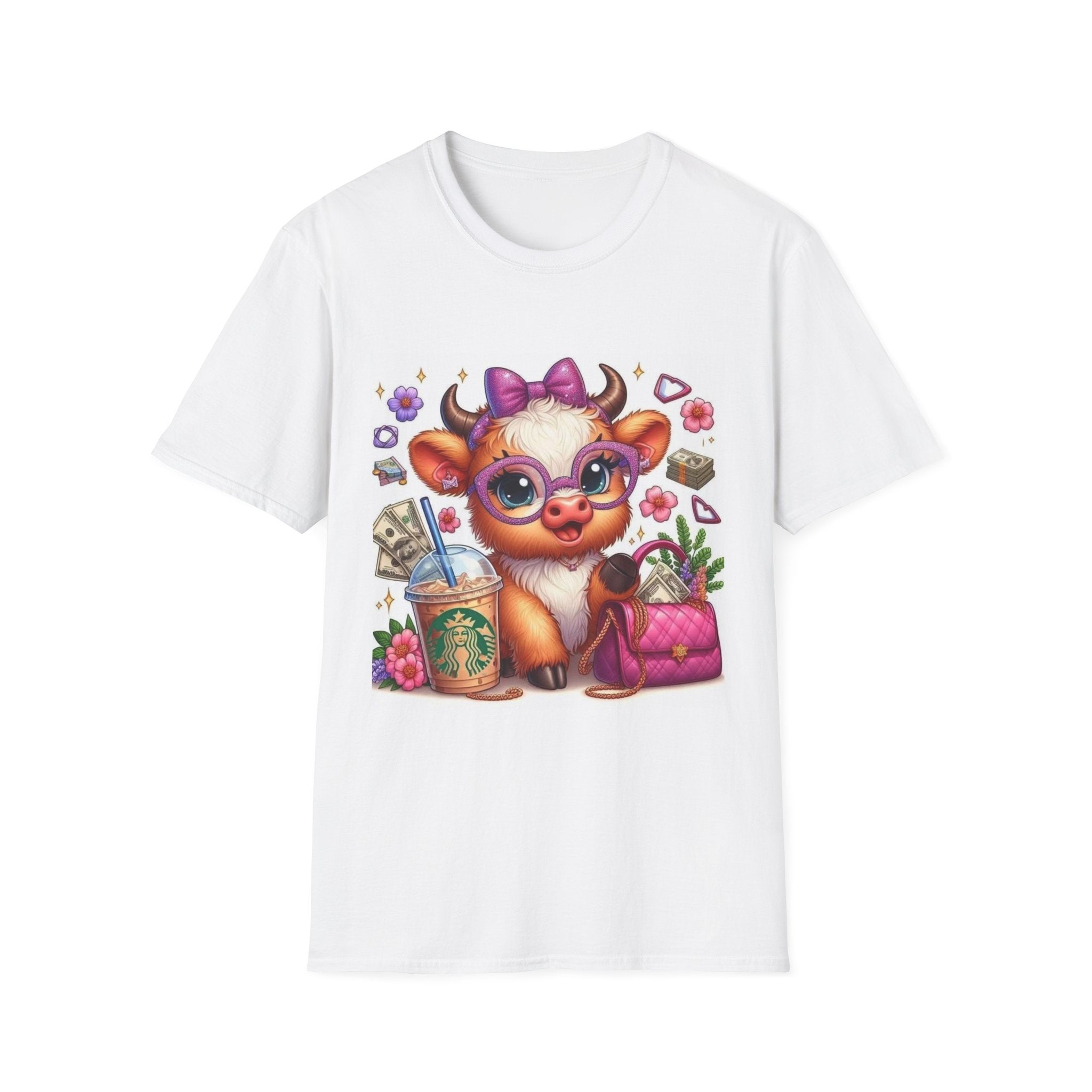 Cute Cow Graphic T-Shirt – Fashionista Cow with Coffee & Purse