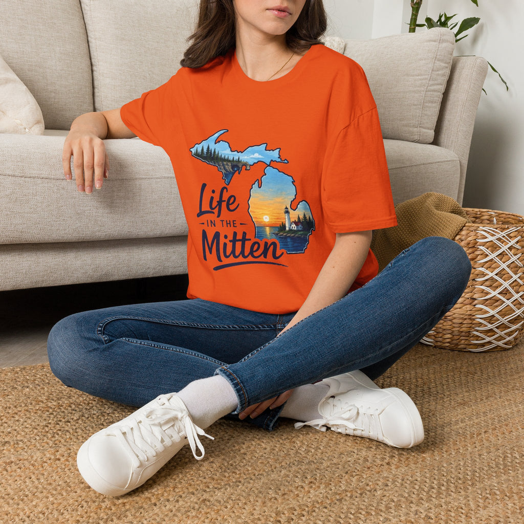 Michigan 'Life in the Mitten' T-Shirt — Scenic Upper & Lower Peninsula Sunset Tee