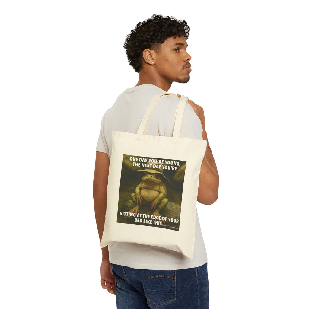 Frog Meme Canvas Tote — "One Day You're Young" Funny Reusable Bag