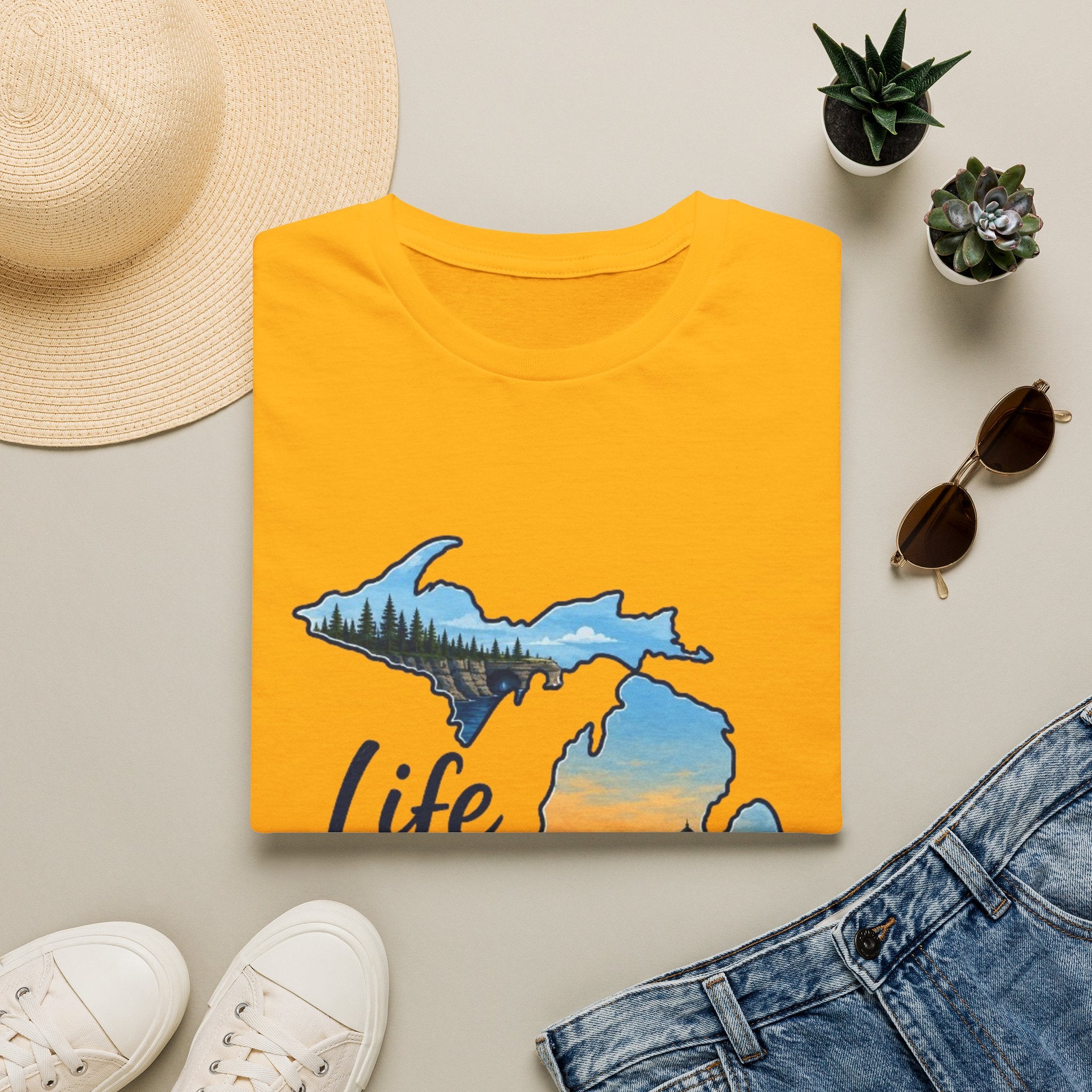 Michigan 'Life in the Mitten' T-Shirt — Scenic Upper & Lower Peninsula Sunset Tee