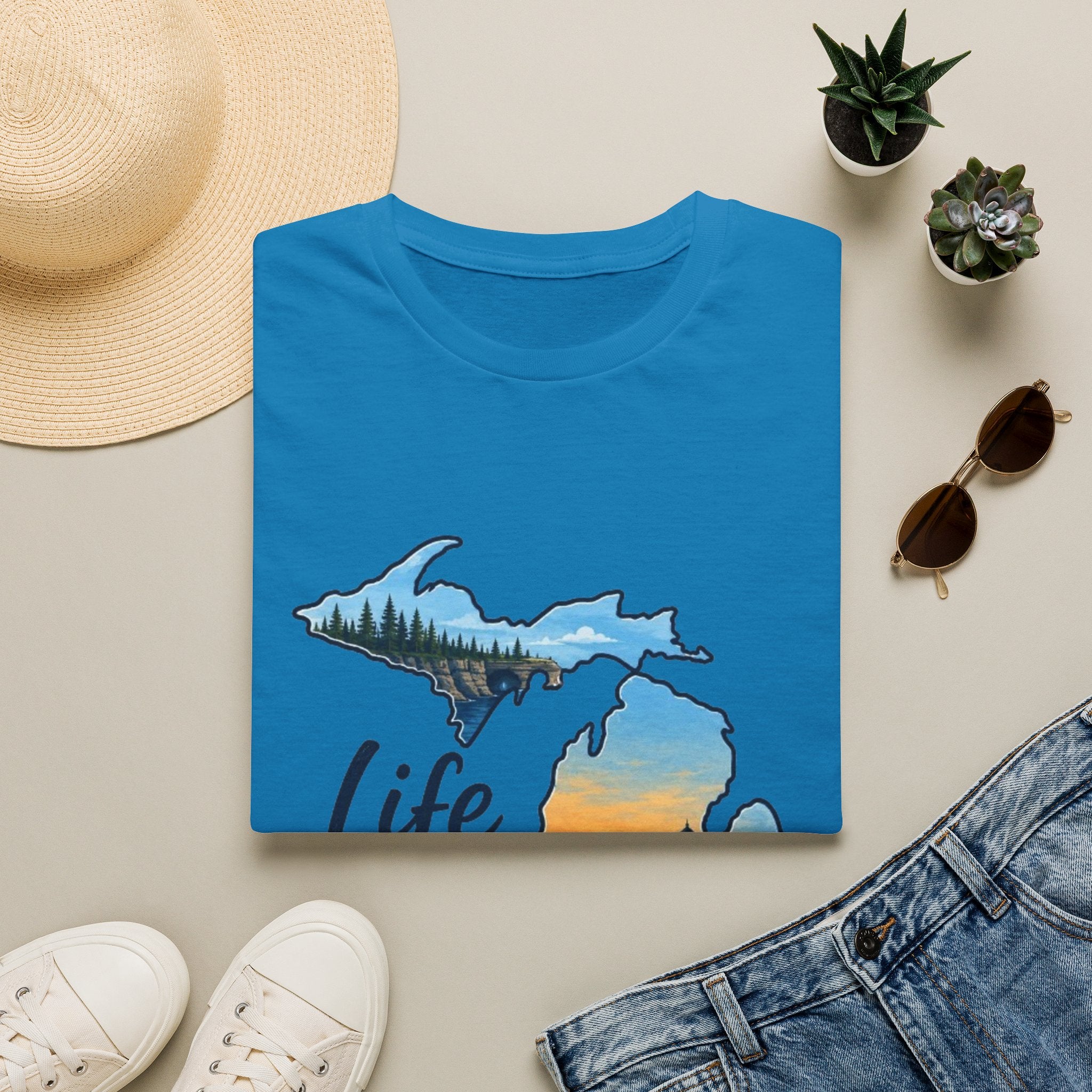 Michigan 'Life in the Mitten' T-Shirt — Scenic Upper & Lower Peninsula Sunset Tee