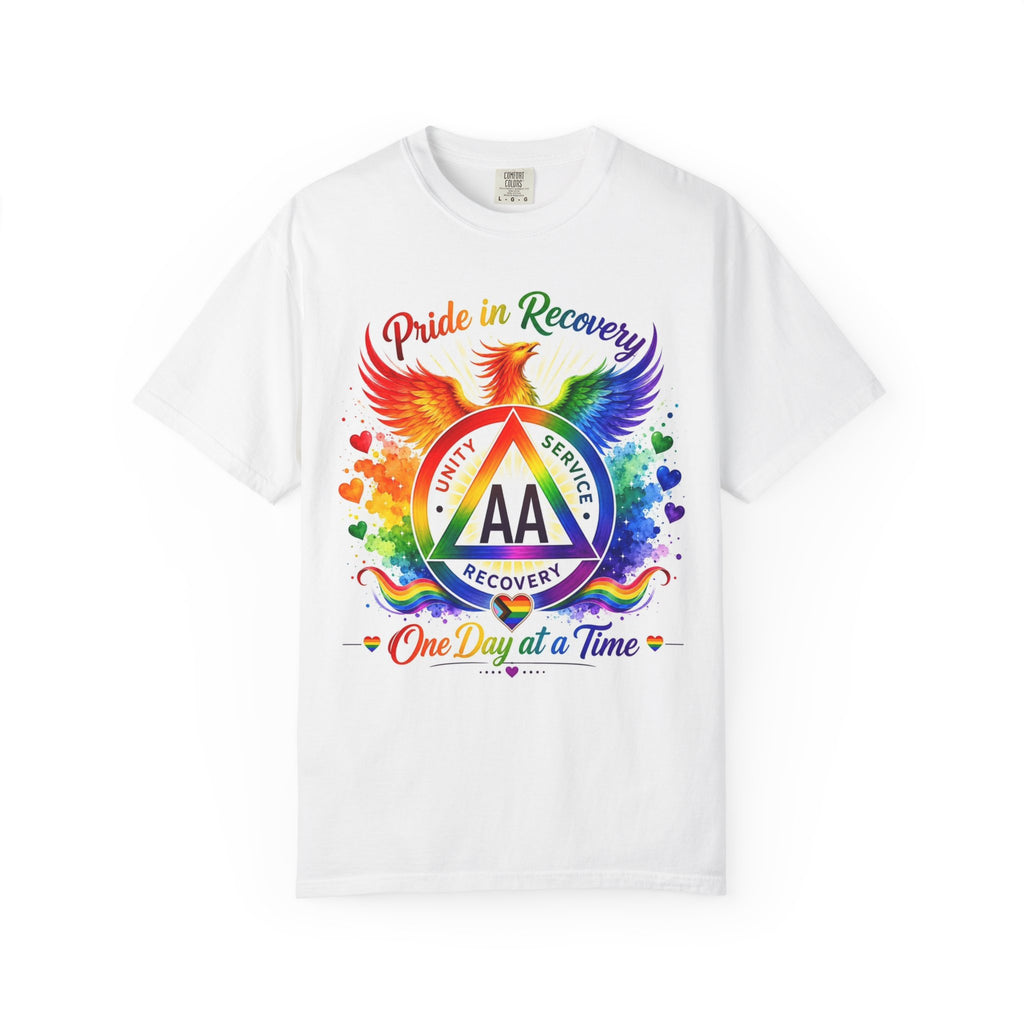 AA Recovery Pride T-Shirt — "One Day at a Time" Rainbow Phoenix