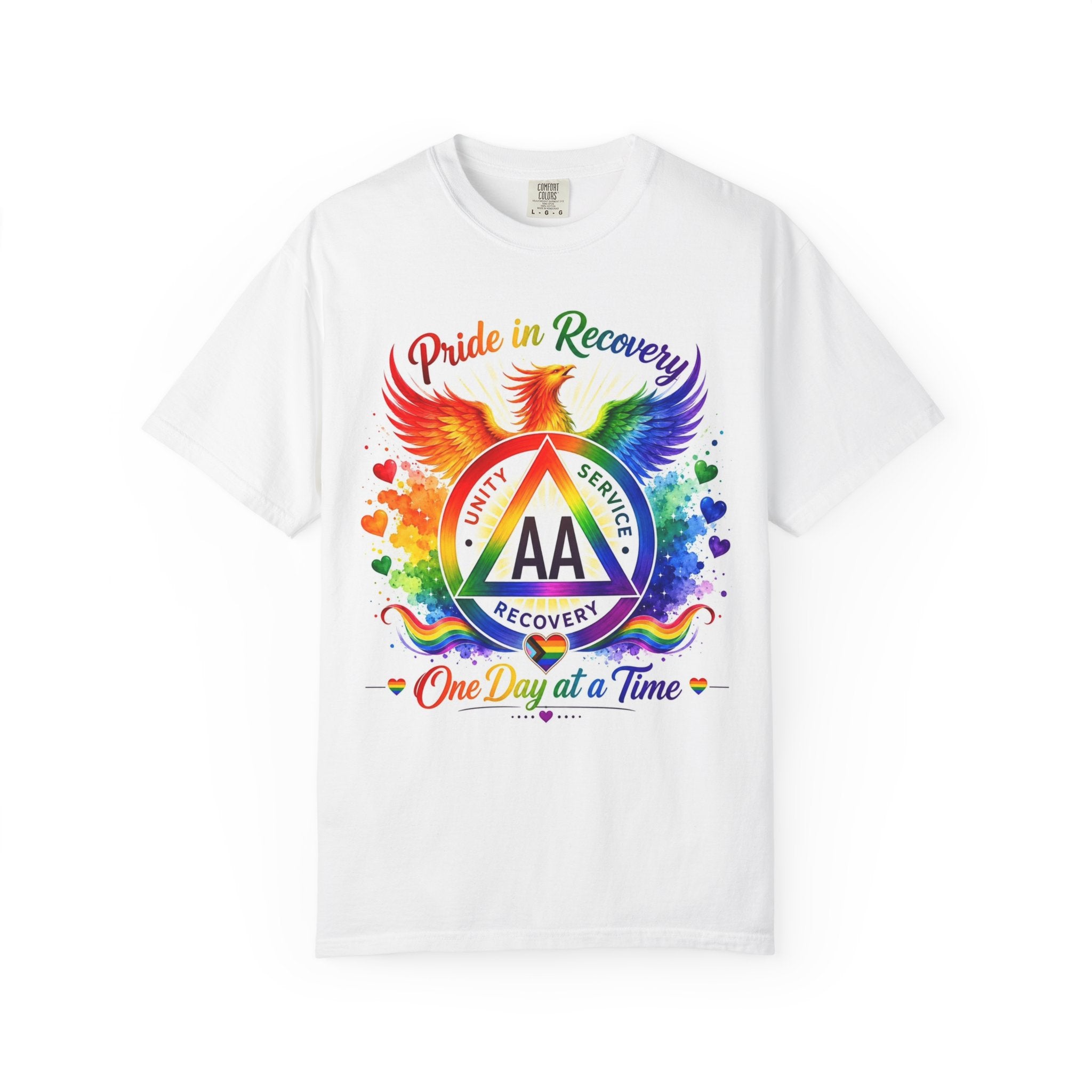 AA Recovery Pride T-Shirt — "One Day at a Time" Rainbow Phoenix