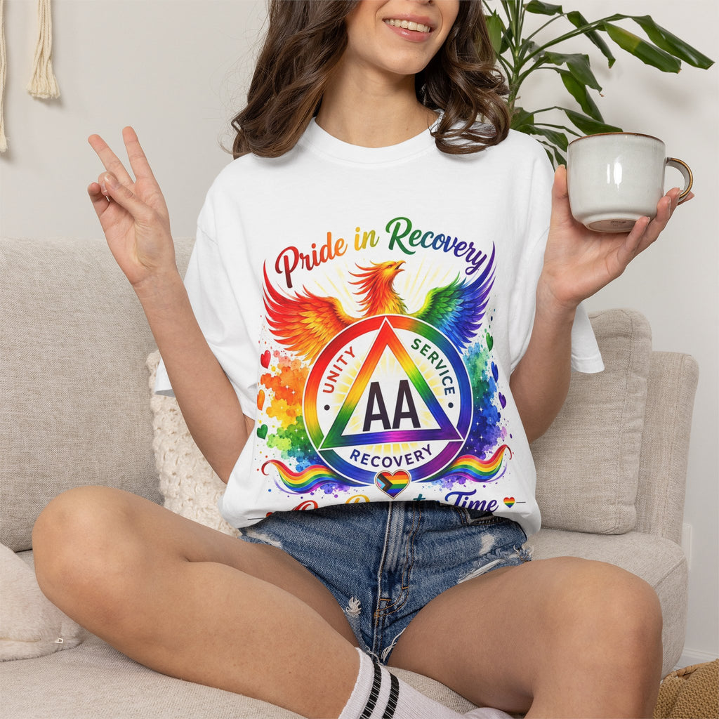 AA Recovery Pride T-Shirt — "One Day at a Time" Rainbow Phoenix