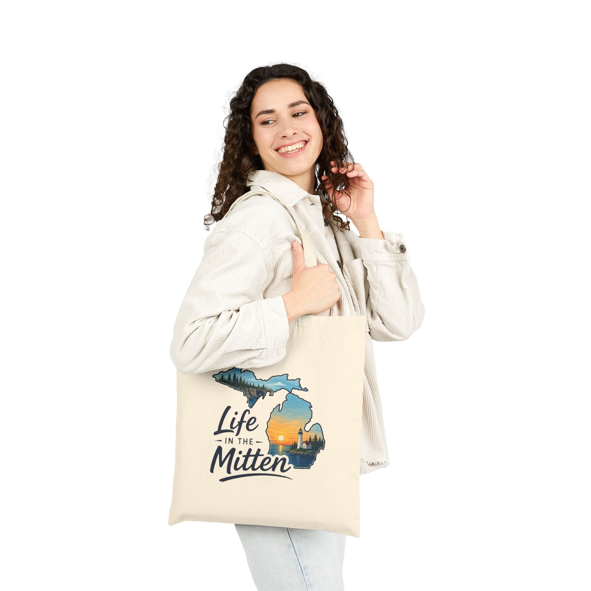 Michigan "Life in the Mitten" Canvas Tote Bag — Sunset Lakeside State Silhouette