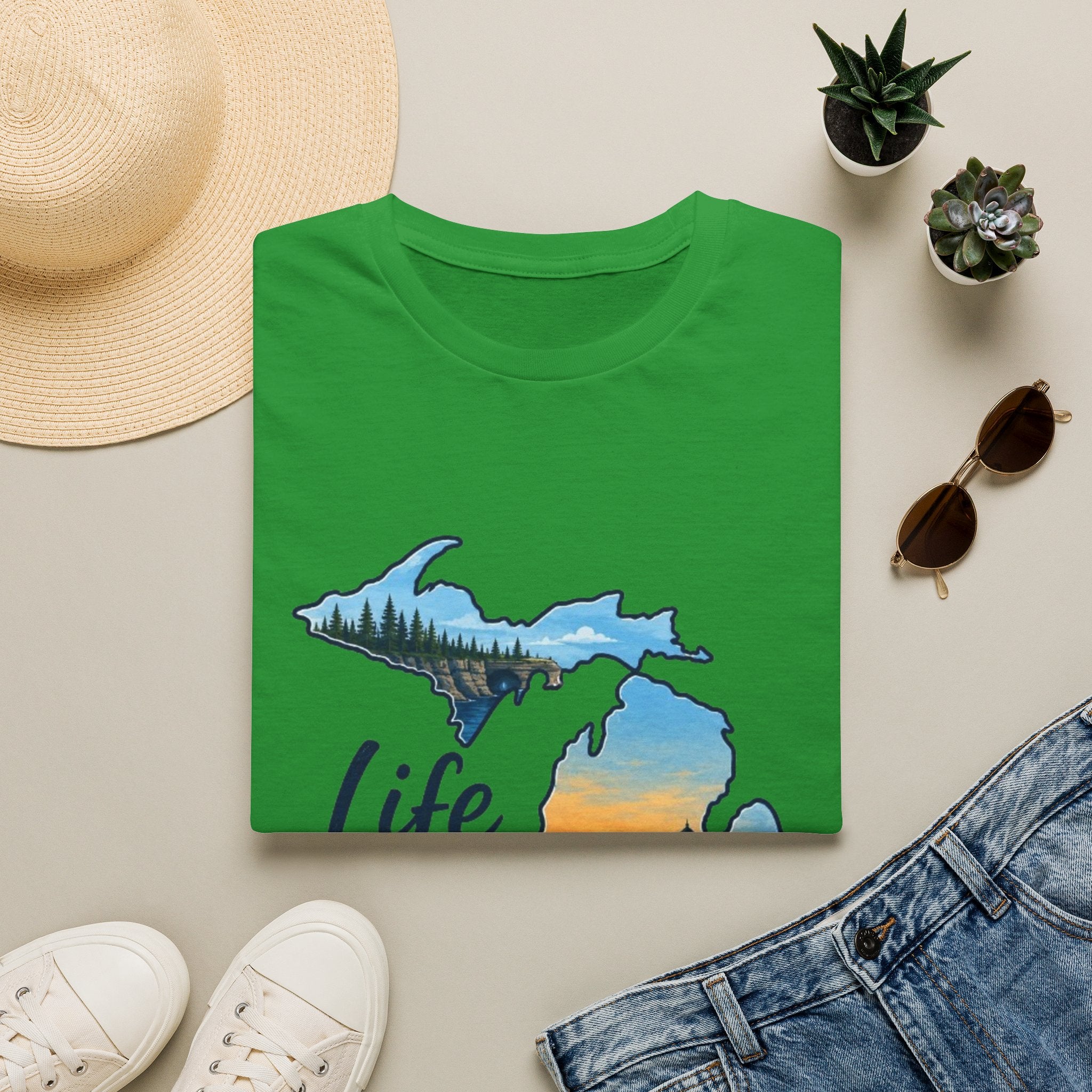 Michigan 'Life in the Mitten' T-Shirt — Scenic Upper & Lower Peninsula Sunset Tee