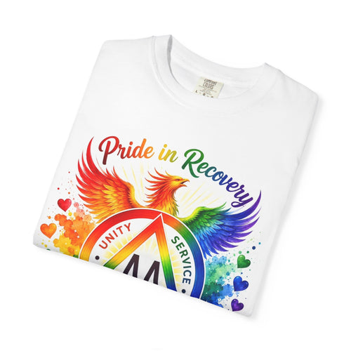 AA Recovery Pride T-Shirt — "One Day at a Time" Rainbow Phoenix