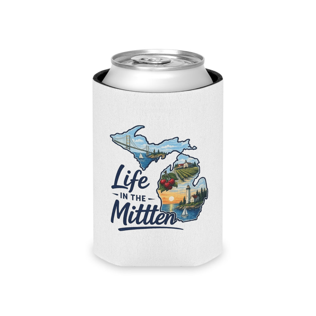 Life in the Mitten Can Cooler — Michigan State Map Beverage Koozie