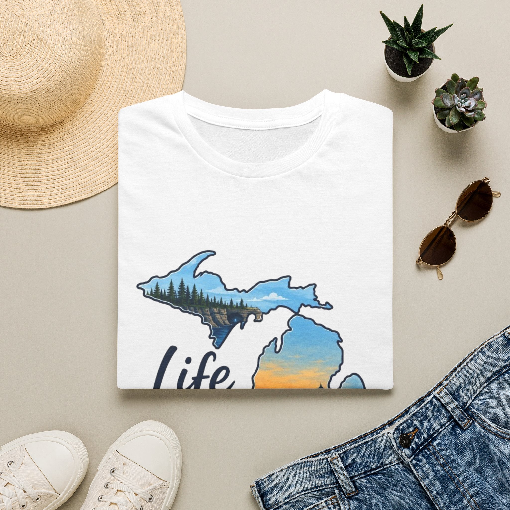 Michigan 'Life in the Mitten' T-Shirt — Scenic Upper & Lower Peninsula Sunset Tee