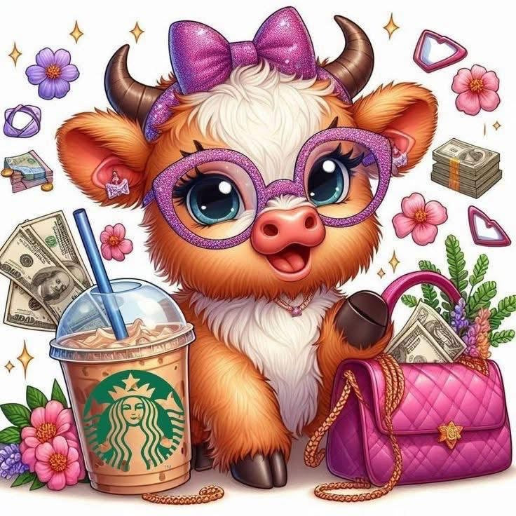 Cute Cow Graphic T-Shirt – Fashionista Cow with Coffee & Purse