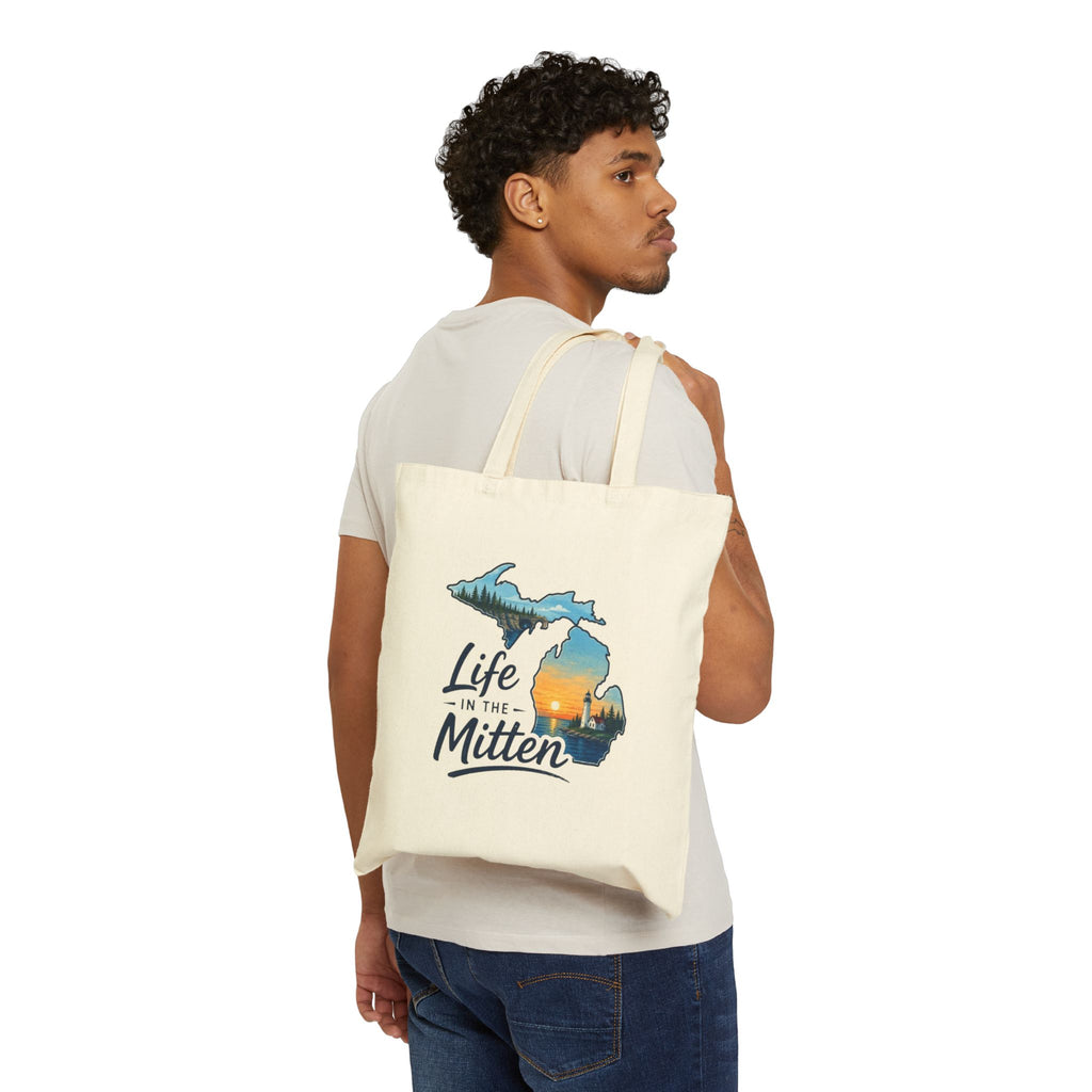 Michigan "Life in the Mitten" Canvas Tote Bag — Sunset Lakeside State Silhouette