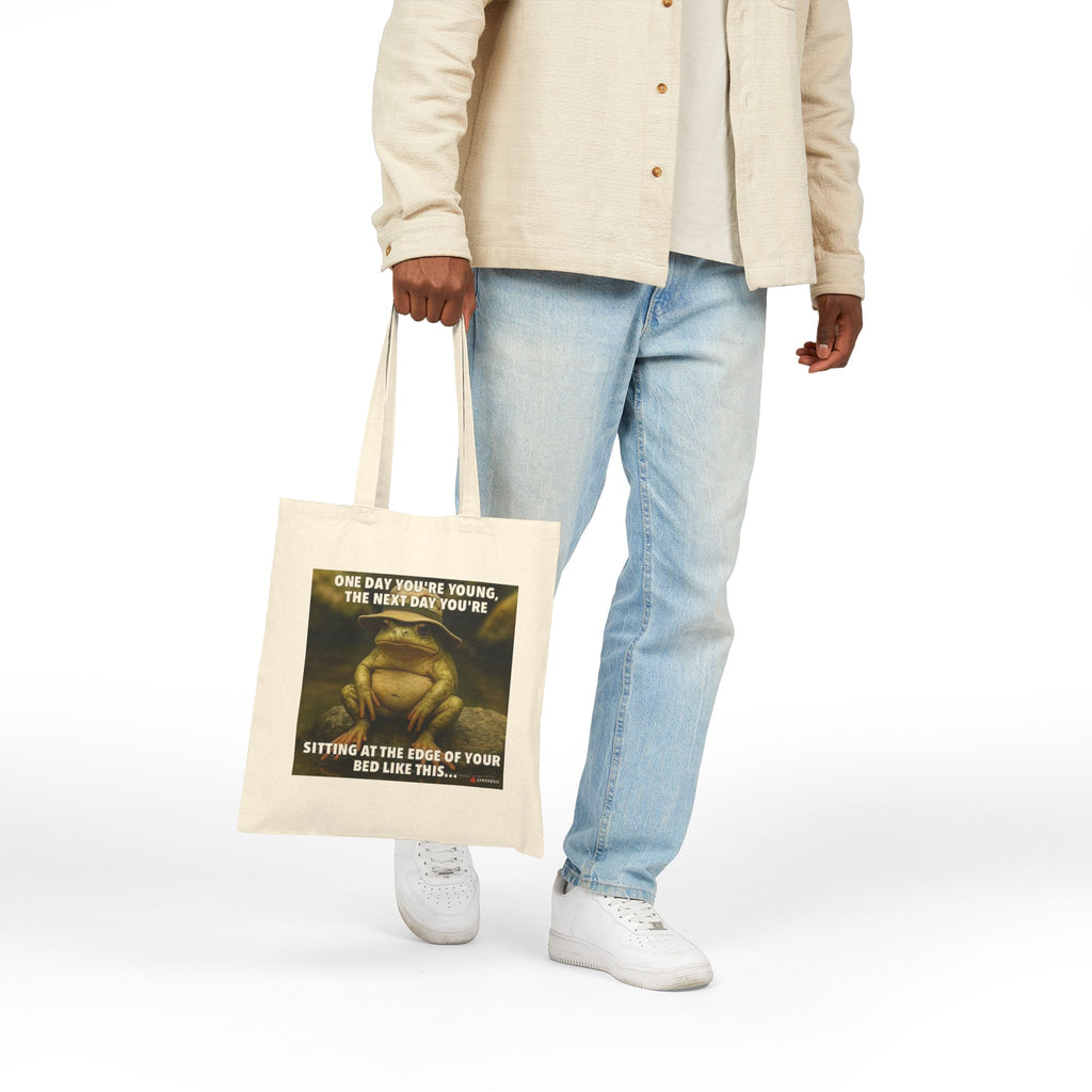 Frog Meme Canvas Tote — "One Day You're Young" Funny Reusable Bag