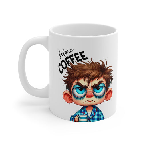 Coffee Mug — "Before Coffee, Fully Caffeinated" Grumpy Morning Cartoon Mug