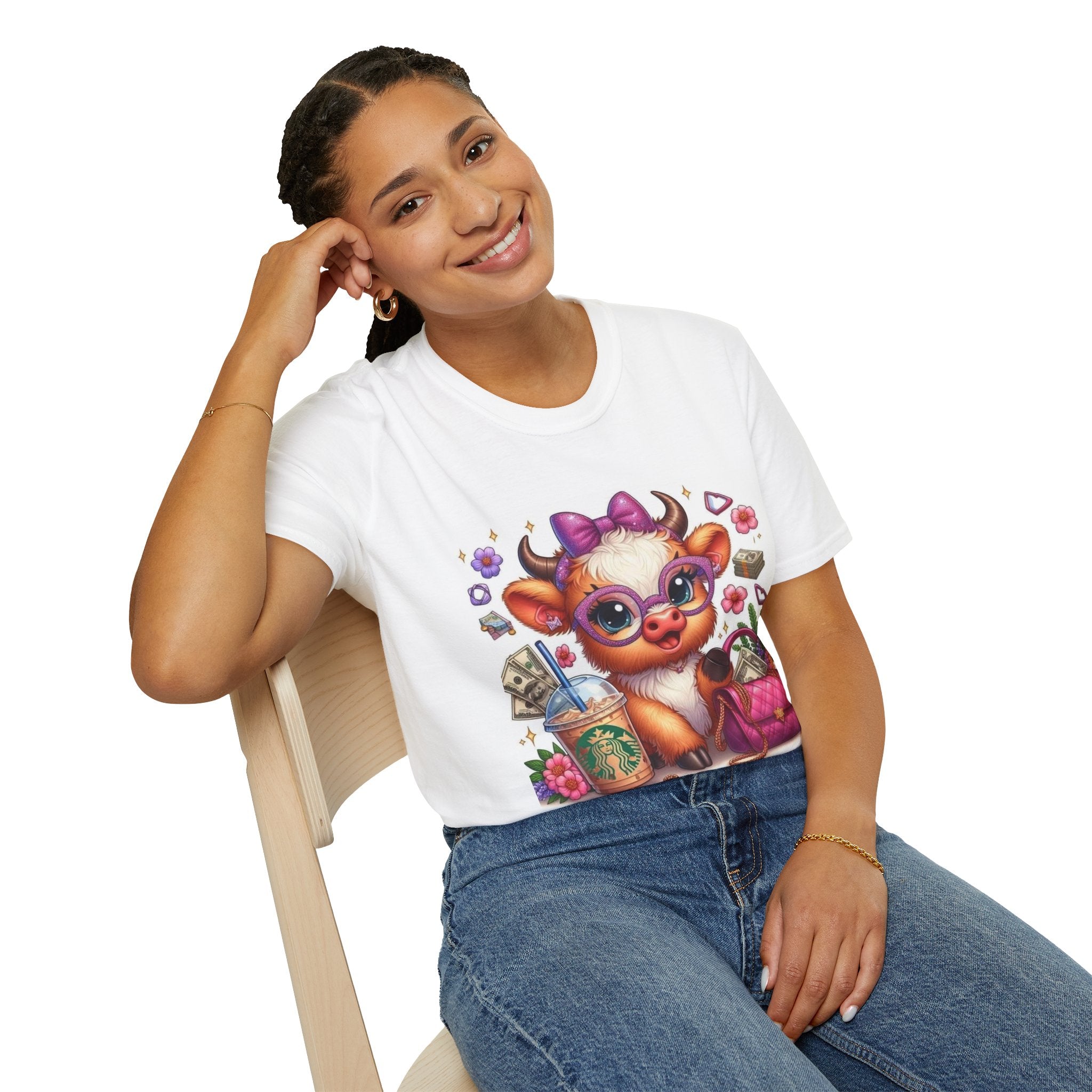 Cute Cow Graphic T-Shirt – Fashionista Cow with Coffee & Purse