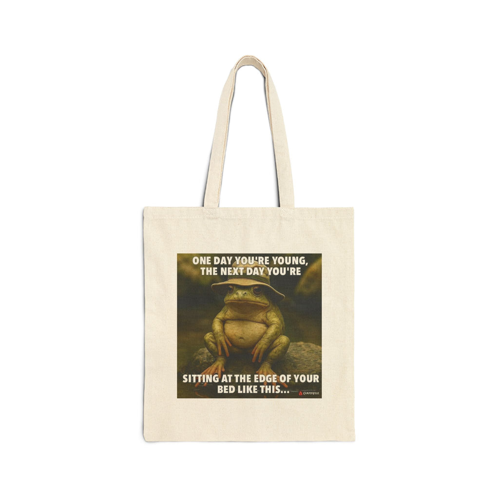 Frog Meme Canvas Tote — "One Day You're Young" Funny Reusable Bag