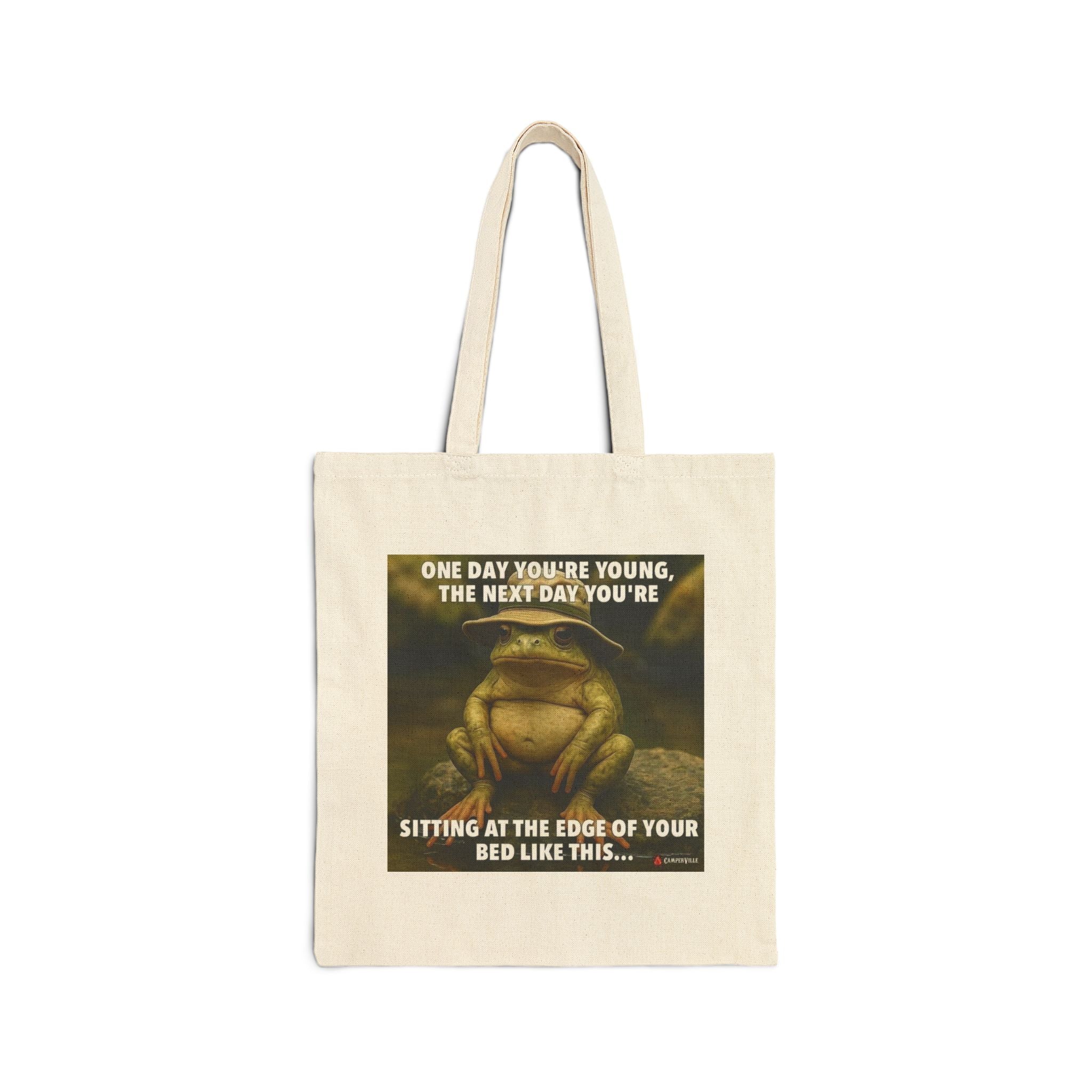 Frog Meme Canvas Tote — "One Day You're Young" Funny Reusable Bag