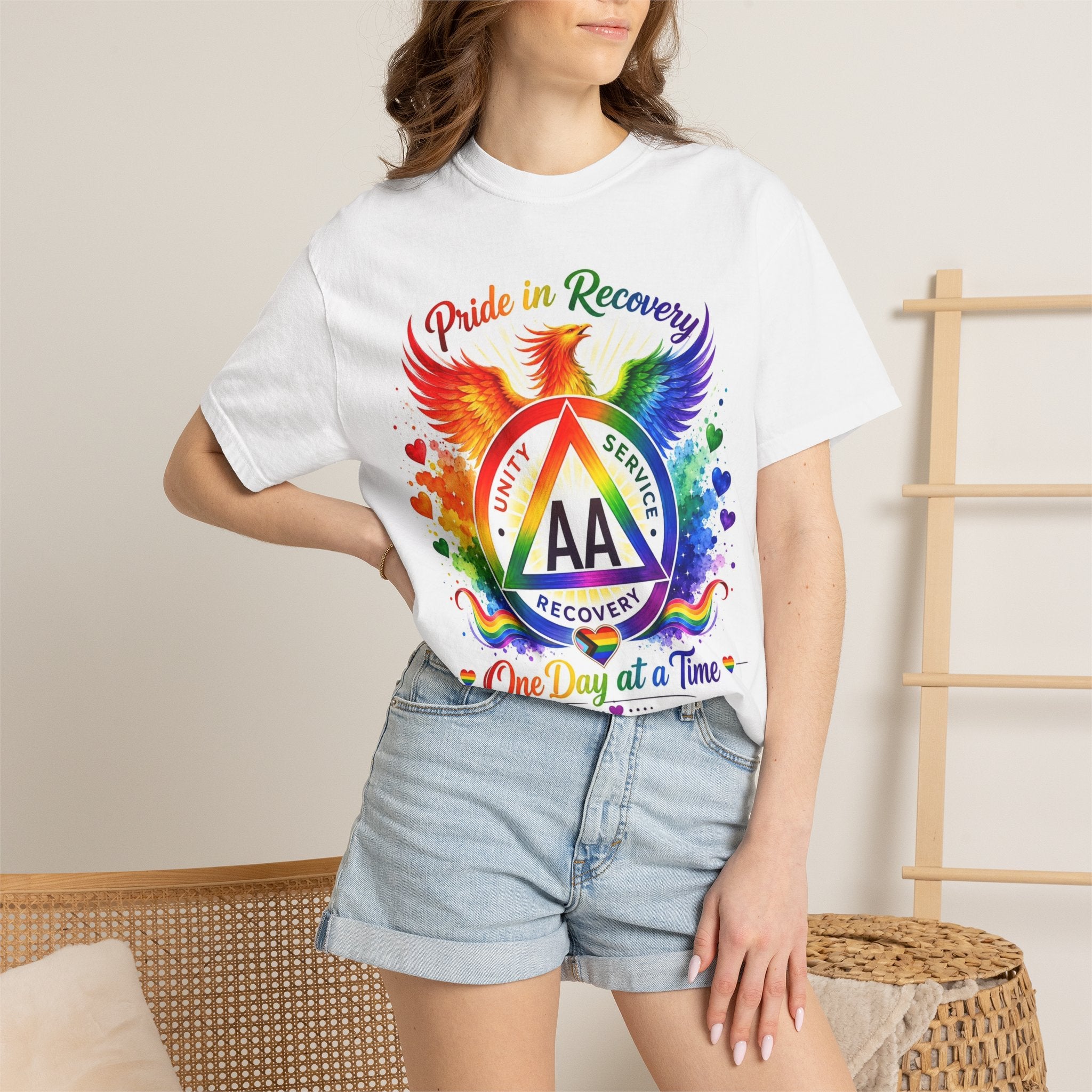 AA Recovery Pride T-Shirt — "One Day at a Time" Rainbow Phoenix