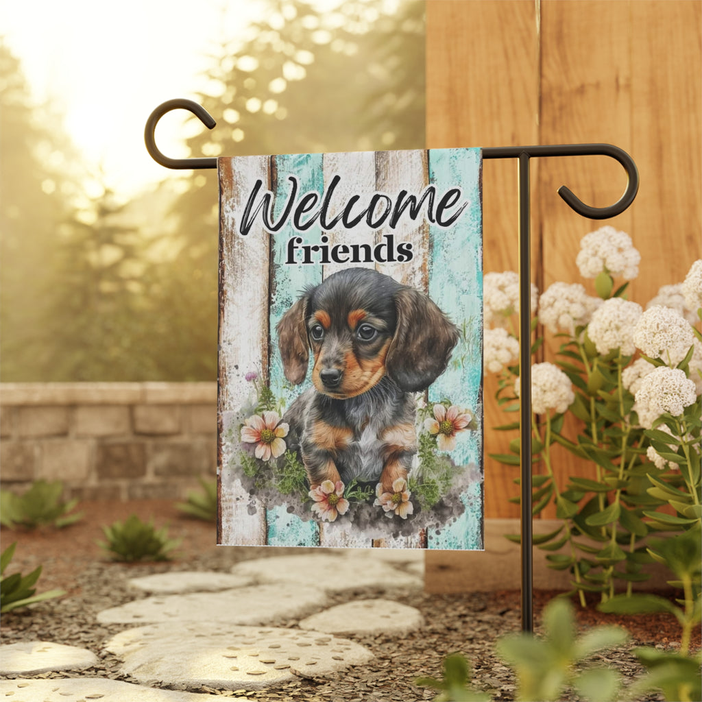 Welcome Friends Dachshund Garden Flag — Cute Puppy Outdoor Welcome Banner