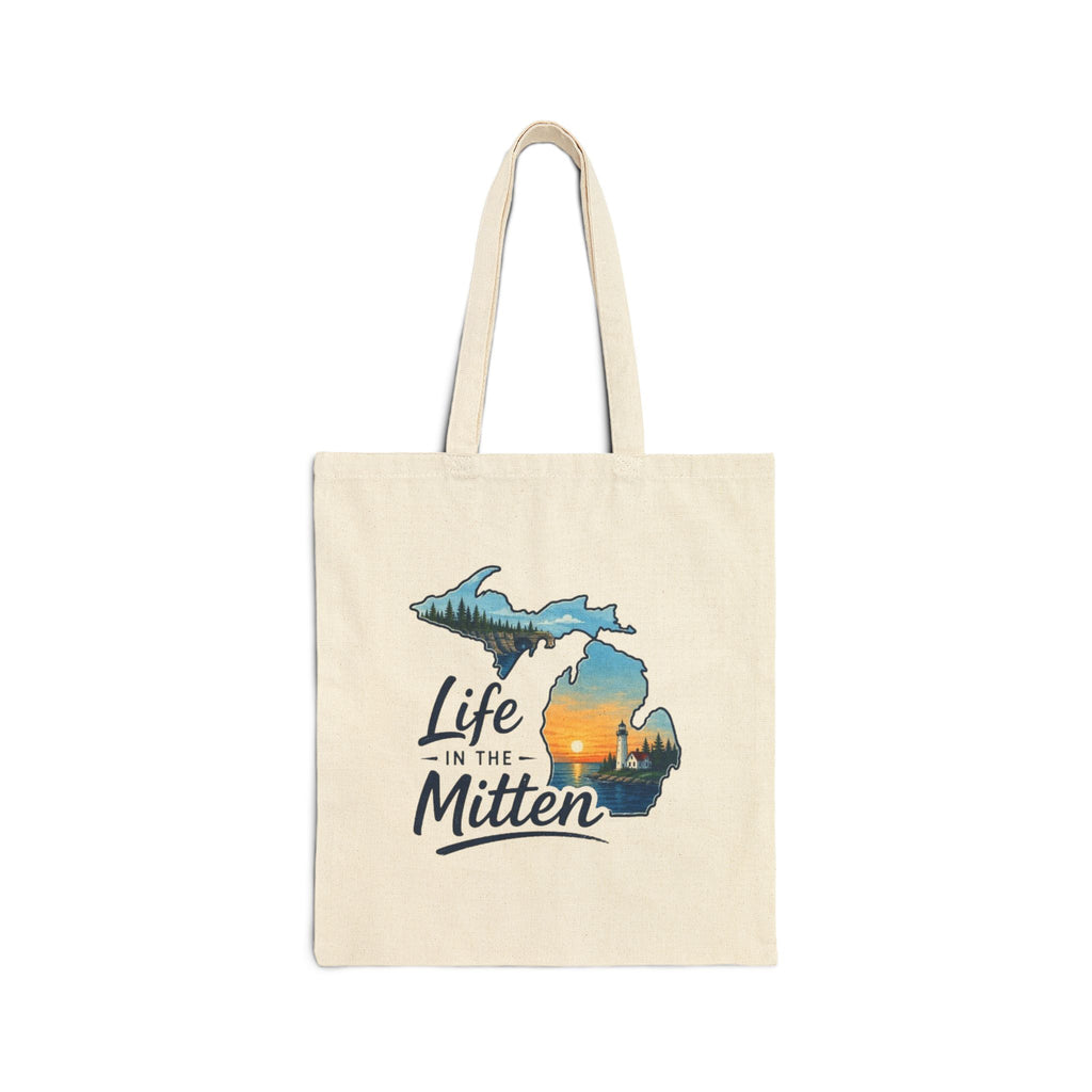 Michigan "Life in the Mitten" Canvas Tote Bag — Sunset Lakeside State Silhouette