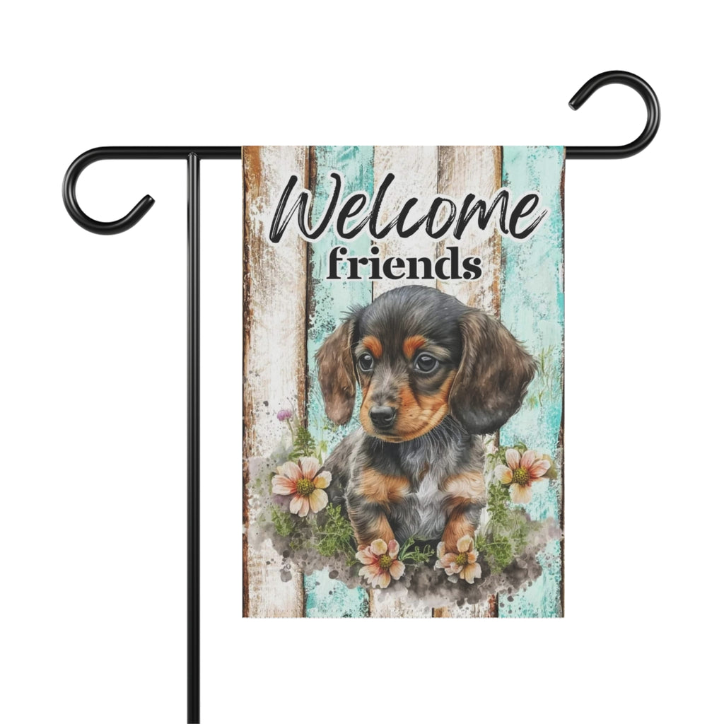 Welcome Friends Dachshund Garden Flag — Cute Puppy Outdoor Welcome Banner