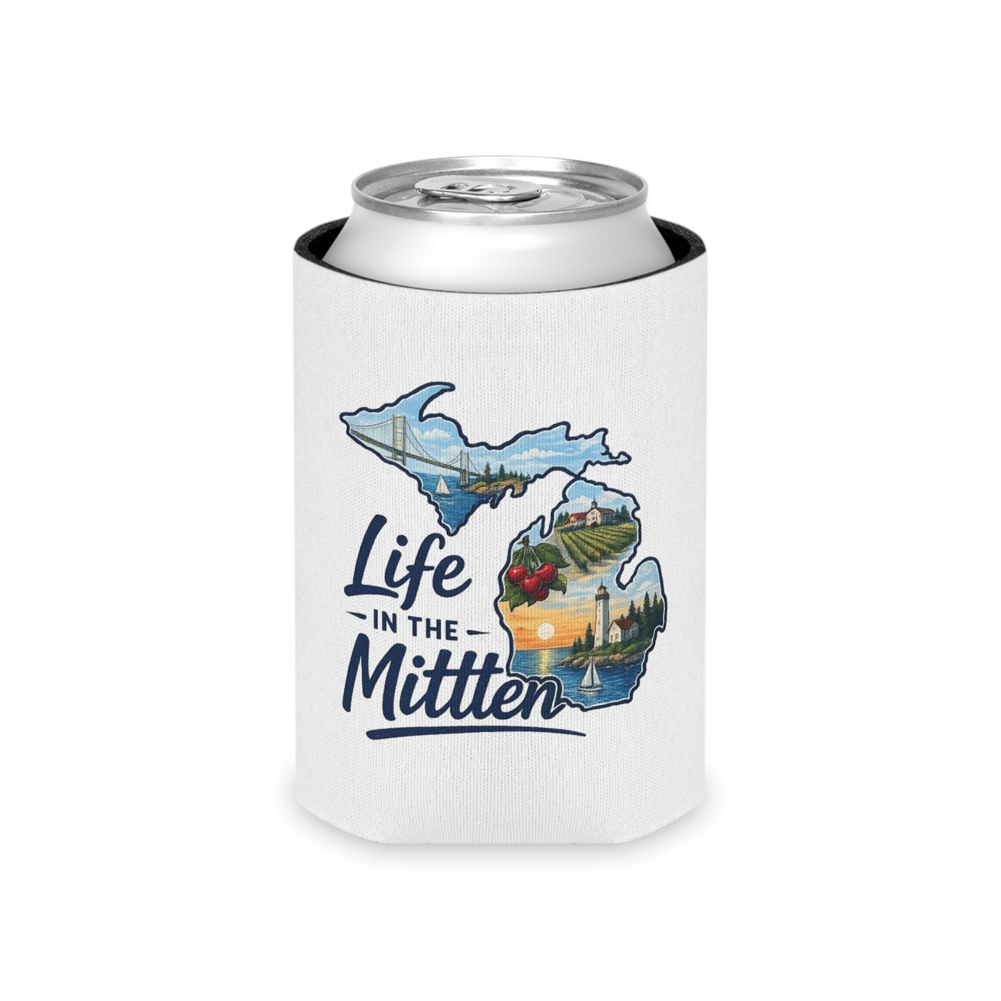 Life in the Mitten Can Cooler — Michigan State Map Beverage Koozie